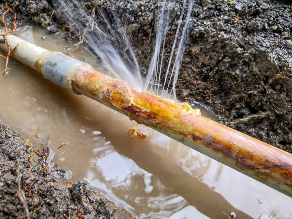burst water pipe with water spraying